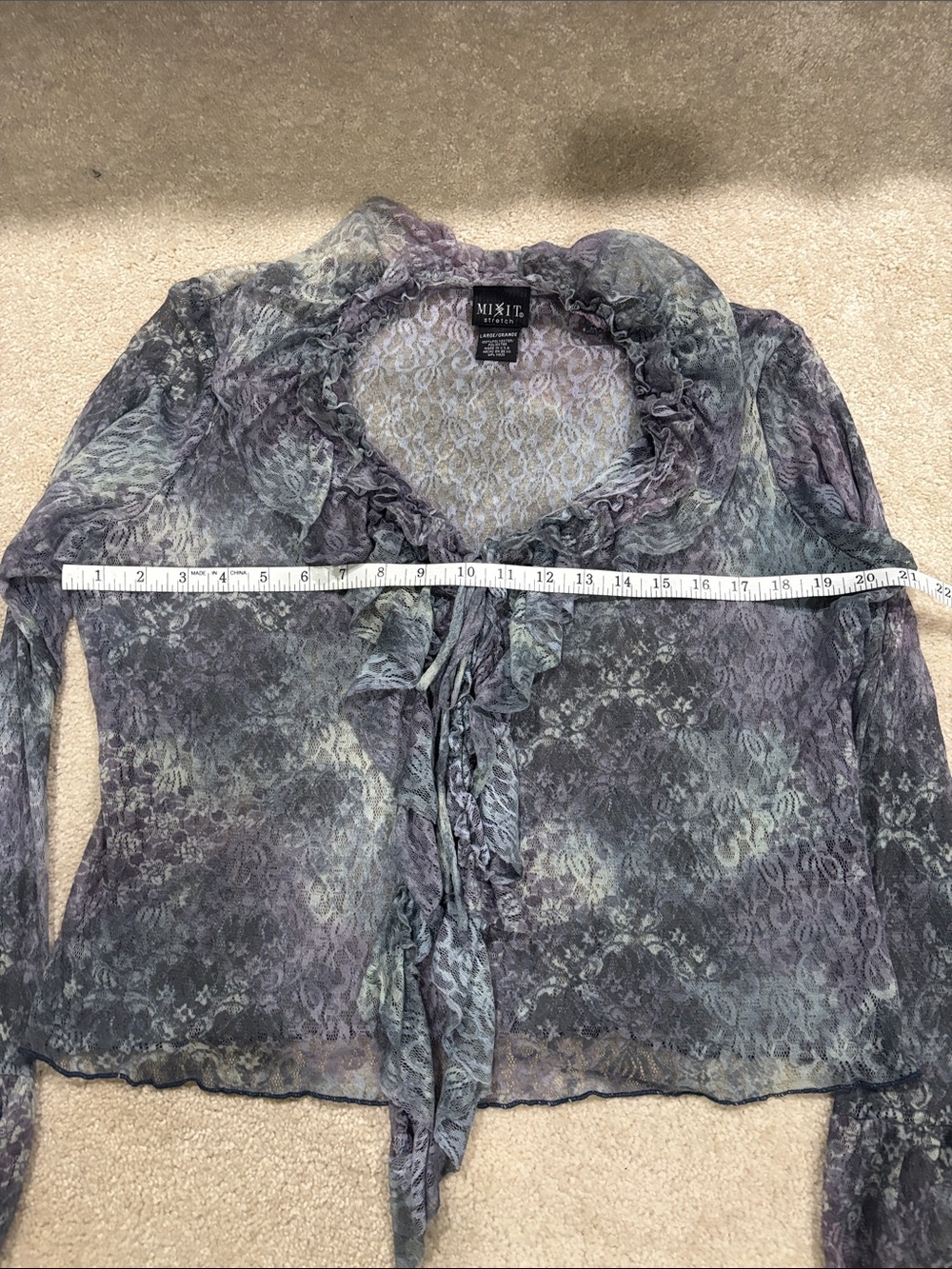 Mix it Stretch Sheer Lace Ruffle Blouse in Blue/Green/Cream - Picture 7 of 7
